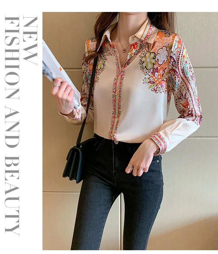 Office Vintage Women's Chiffon Printed Long Sleeves Blouse Top Shirt