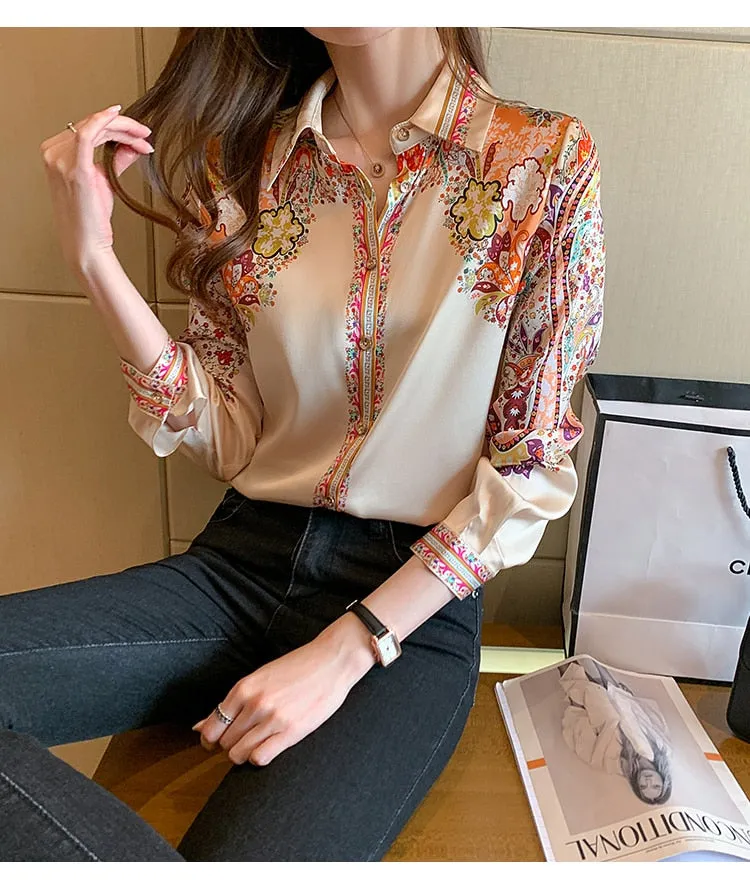 Office Vintage Women's Chiffon Printed Long Sleeves Blouse Top Shirt