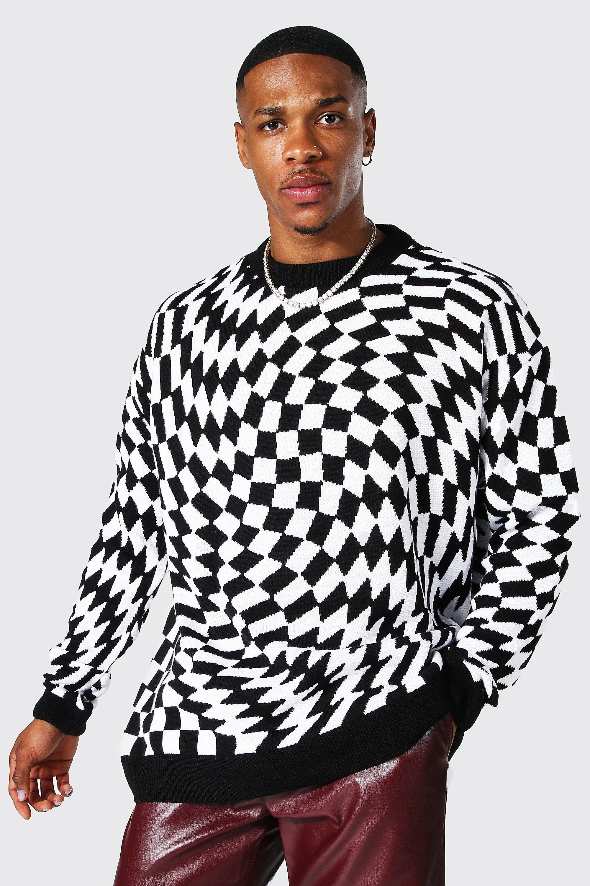 Oversized Warped Checkerboard Sweater