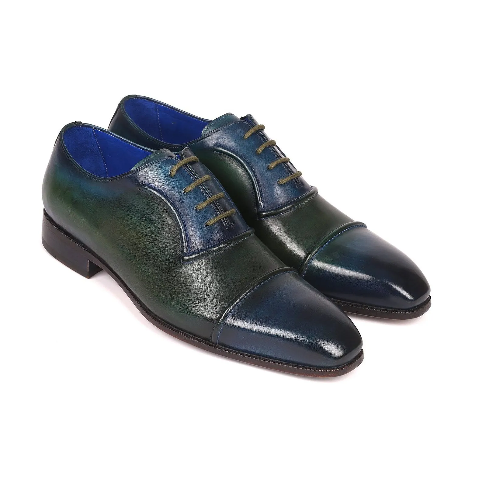 Paul Parkman 078-BLU-GRN Men's Shoes Blue & Green Calf-Skin Leather Cap-Toe Oxfords (PM6316)