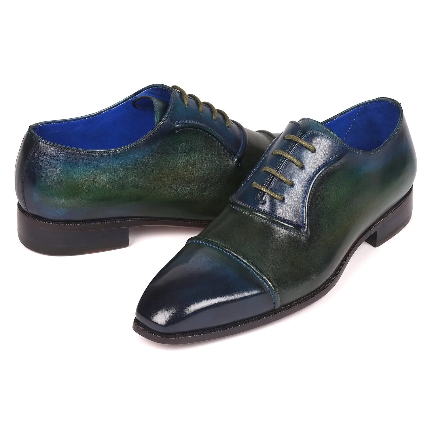 Paul Parkman 078-BLU-GRN Men's Shoes Blue & Green Calf-Skin Leather Cap-Toe Oxfords (PM6316)