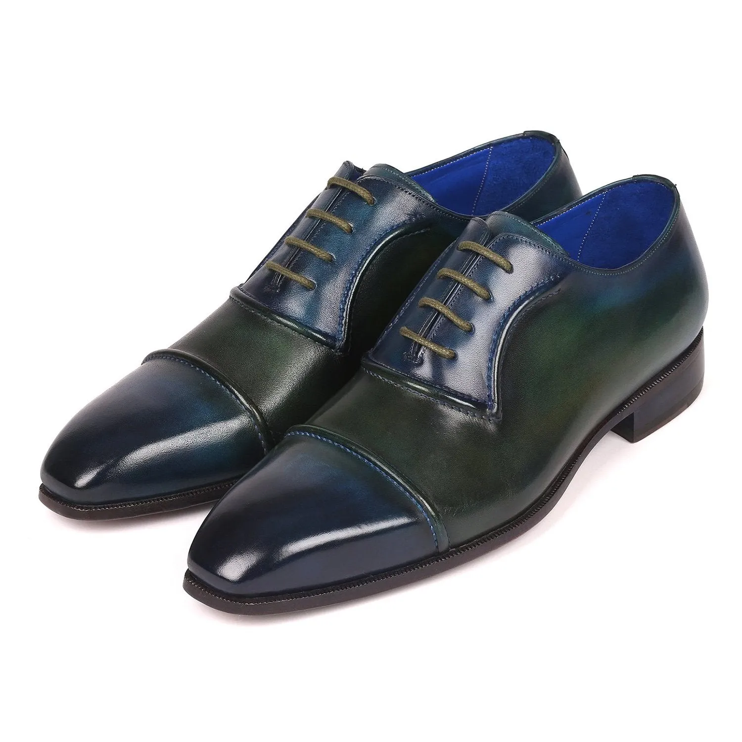 Paul Parkman 078-BLU-GRN Men's Shoes Blue & Green Calf-Skin Leather Cap-Toe Oxfords (PM6316)