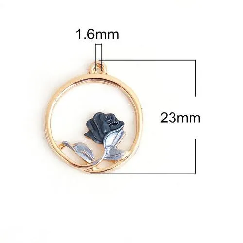 Pendants, Rose, Flower, Round, Single-Sided, Blue, Enameled, Open Work, Light Gold Alloy, 23mm