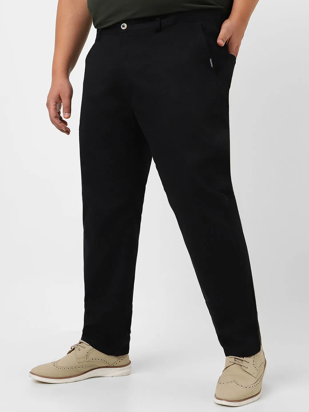 Plus Men's Black Cotton Light Weight Non-Stretch Regular Fit Casual Trousers