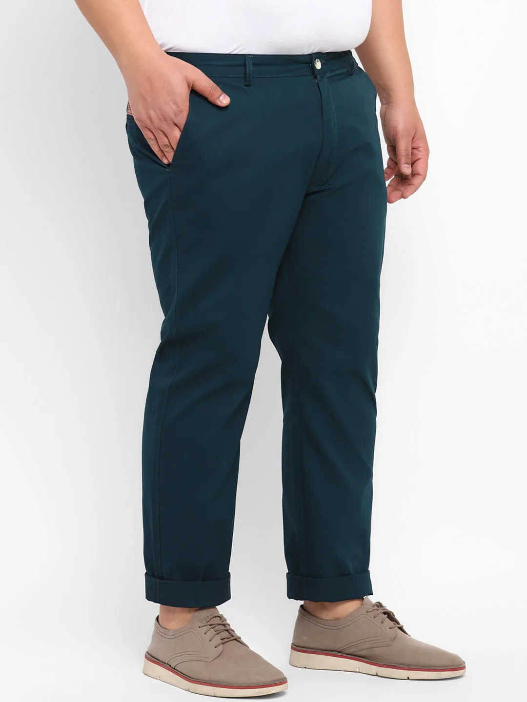 Plus Men's Dark Green Cotton Light Weight Non-Stretch Regular Fit Casual Trousers