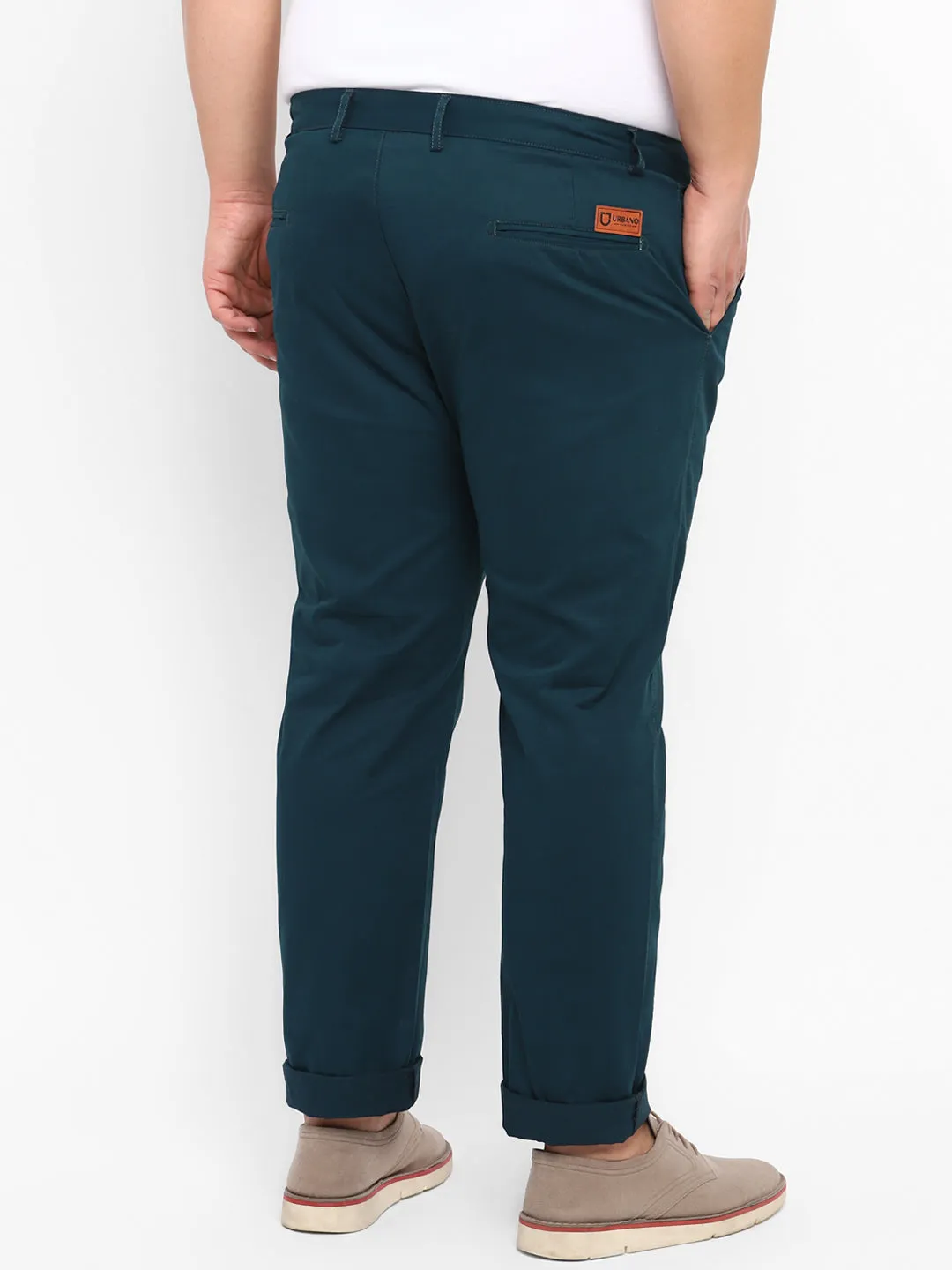 Plus Men's Dark Green Cotton Light Weight Non-Stretch Regular Fit Casual Trousers