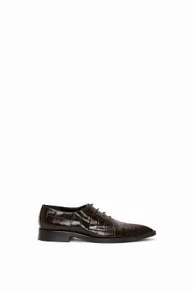 Pointy Toe Flat Lace Up In Chocolate Croc-Effect Leather