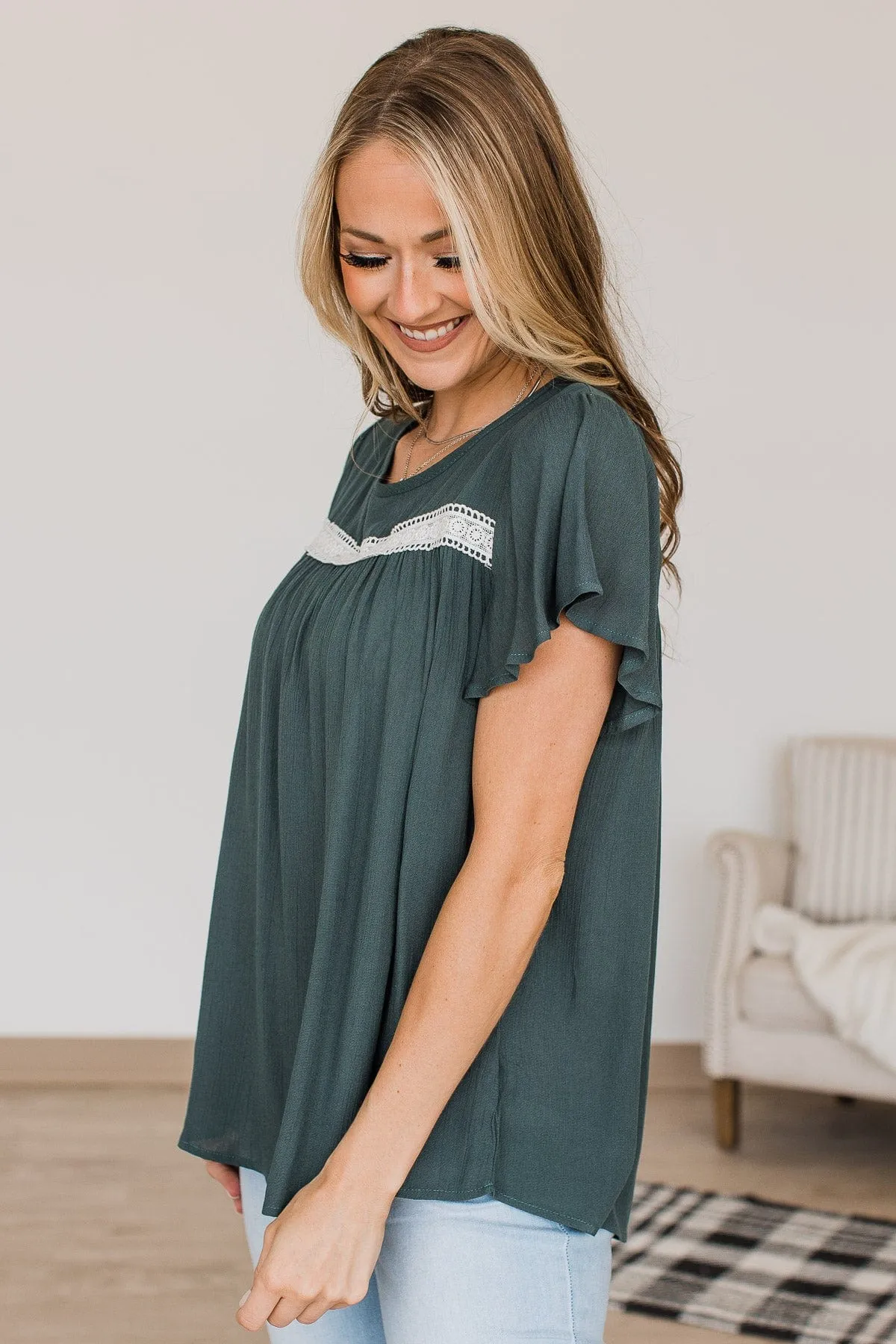 Prim & Proper Flutter Sleeve Top- Dark Teal