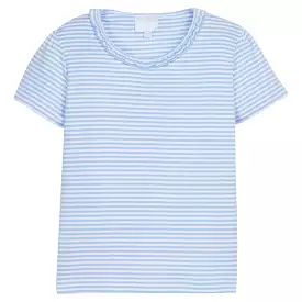 Short Sleeve Scoop Ruffle Tee - Light Blue Stripe