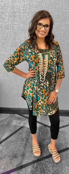 SM / MED : Teal & Tan Leopard Scoop Tunic