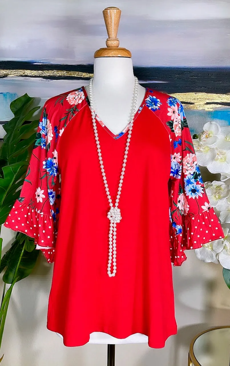 S,M * Red Blouse with Floral Bell Sleeves