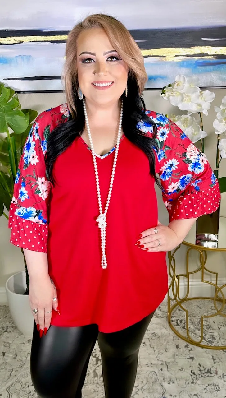 S,M * Red Blouse with Floral Bell Sleeves