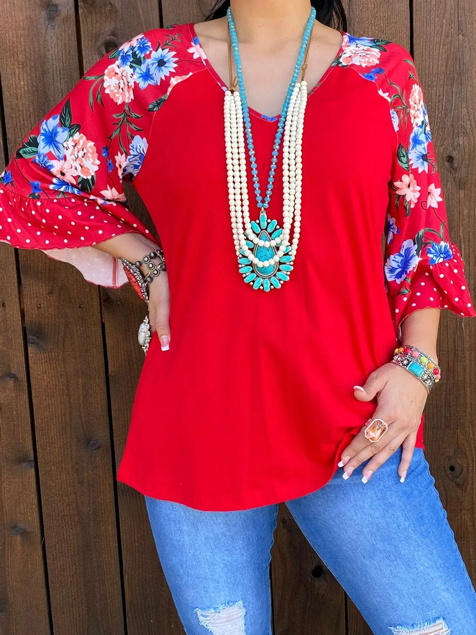 S,M * Red Blouse with Floral Bell Sleeves