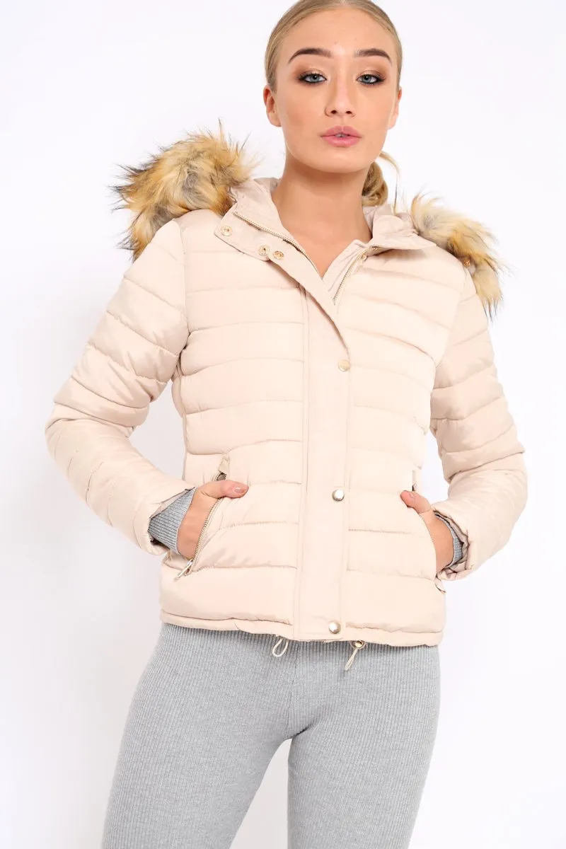 Stone Padded Coat with Fur Trim Hood - Helena