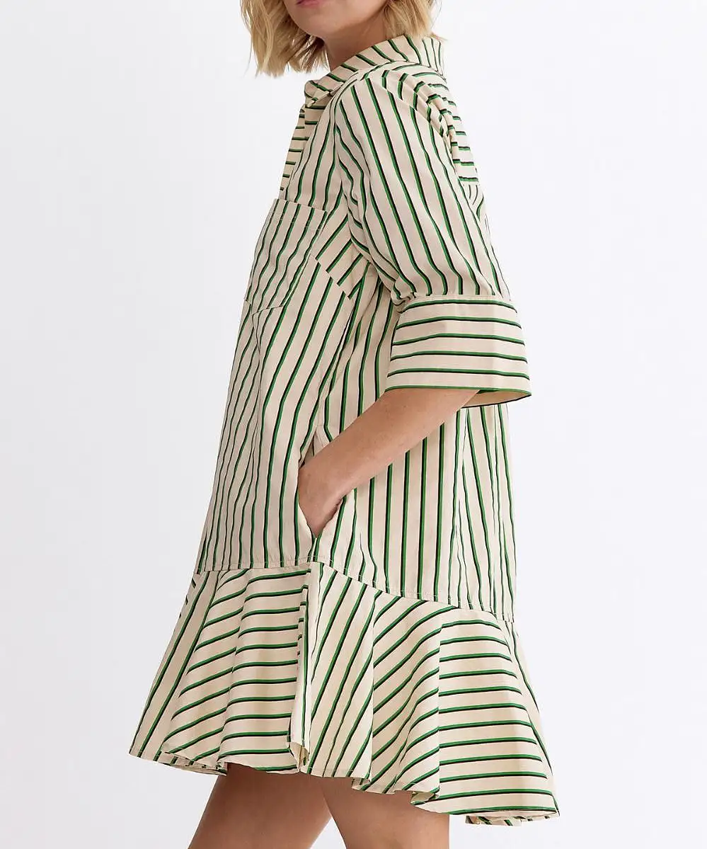 Stripe Button Front Mini Dress - Green OR Light Pink