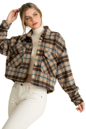 THML Plaid Cropped Jacket in Brown