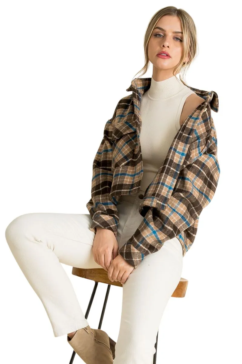 THML Plaid Cropped Jacket in Brown