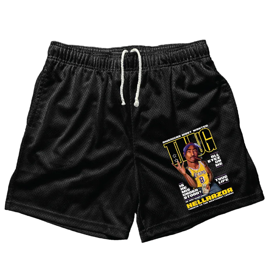 Tupac Slam Cover Black Mesh Shorts (5 Inch Inseam)