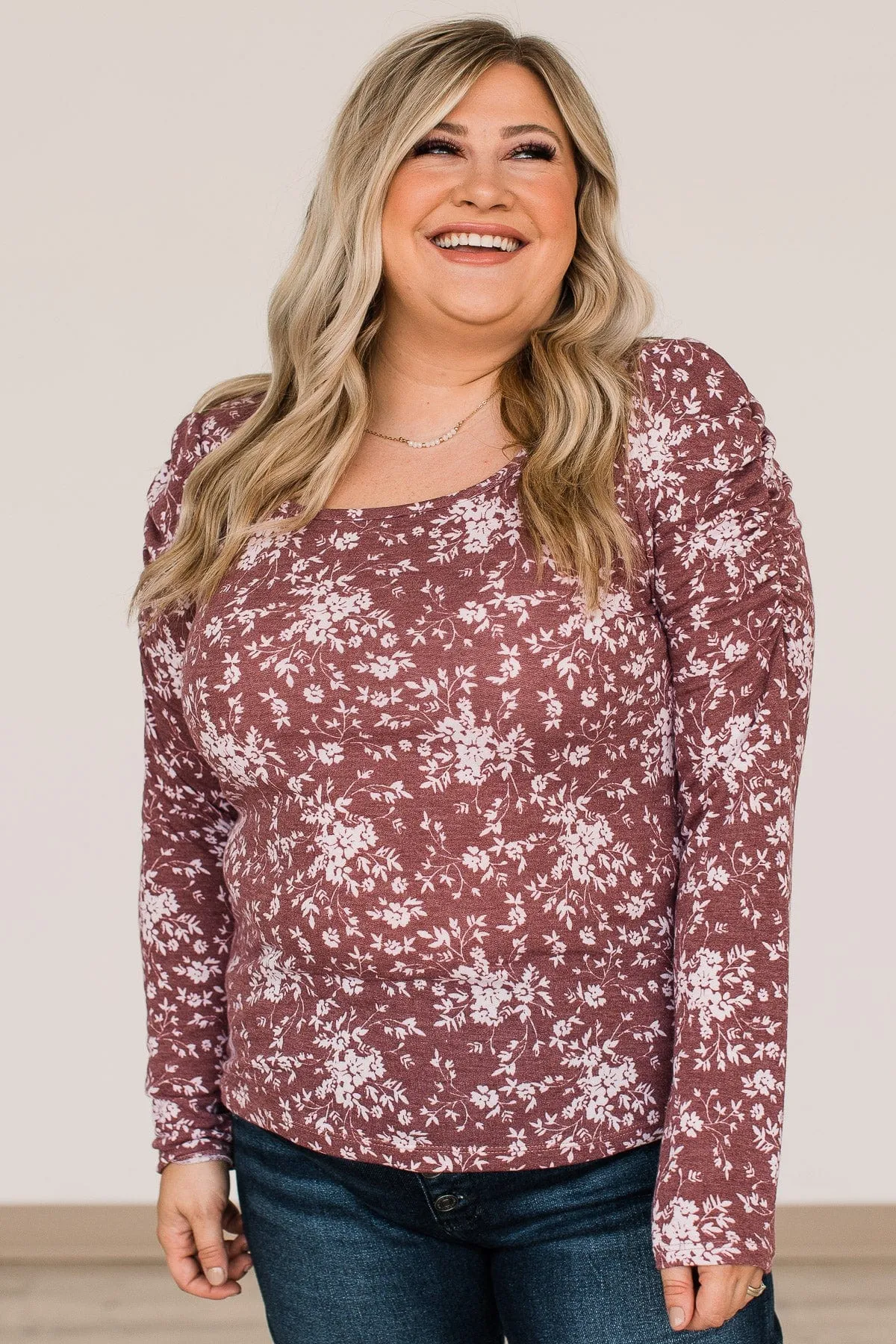 Unwavering Confidence Ruched Sleeve Top- Dusty Maroon