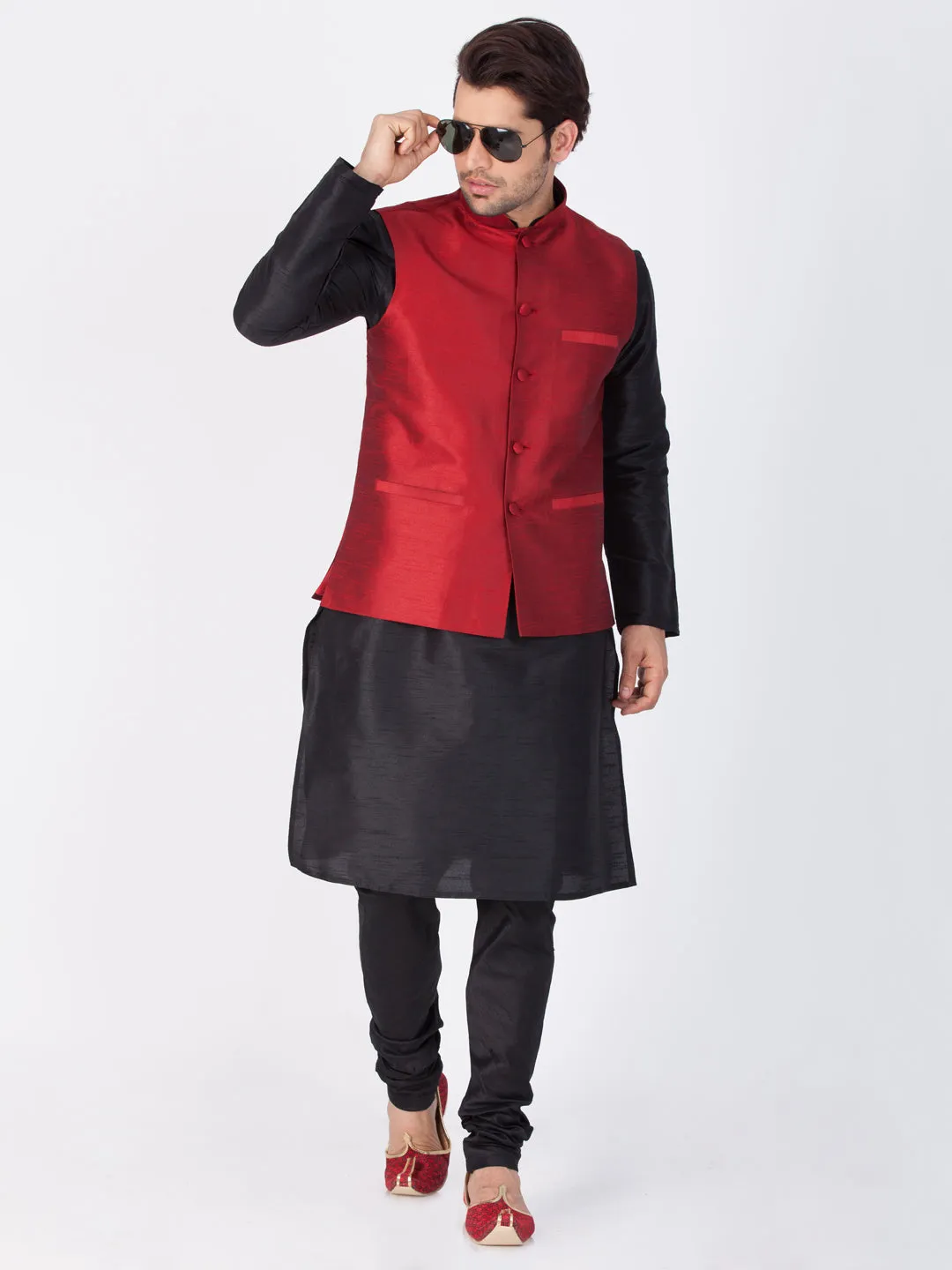 VASTRAMAY Men's Black Cotton Silk Blend Kurta, Ethnic Jacket and Pyjama Set