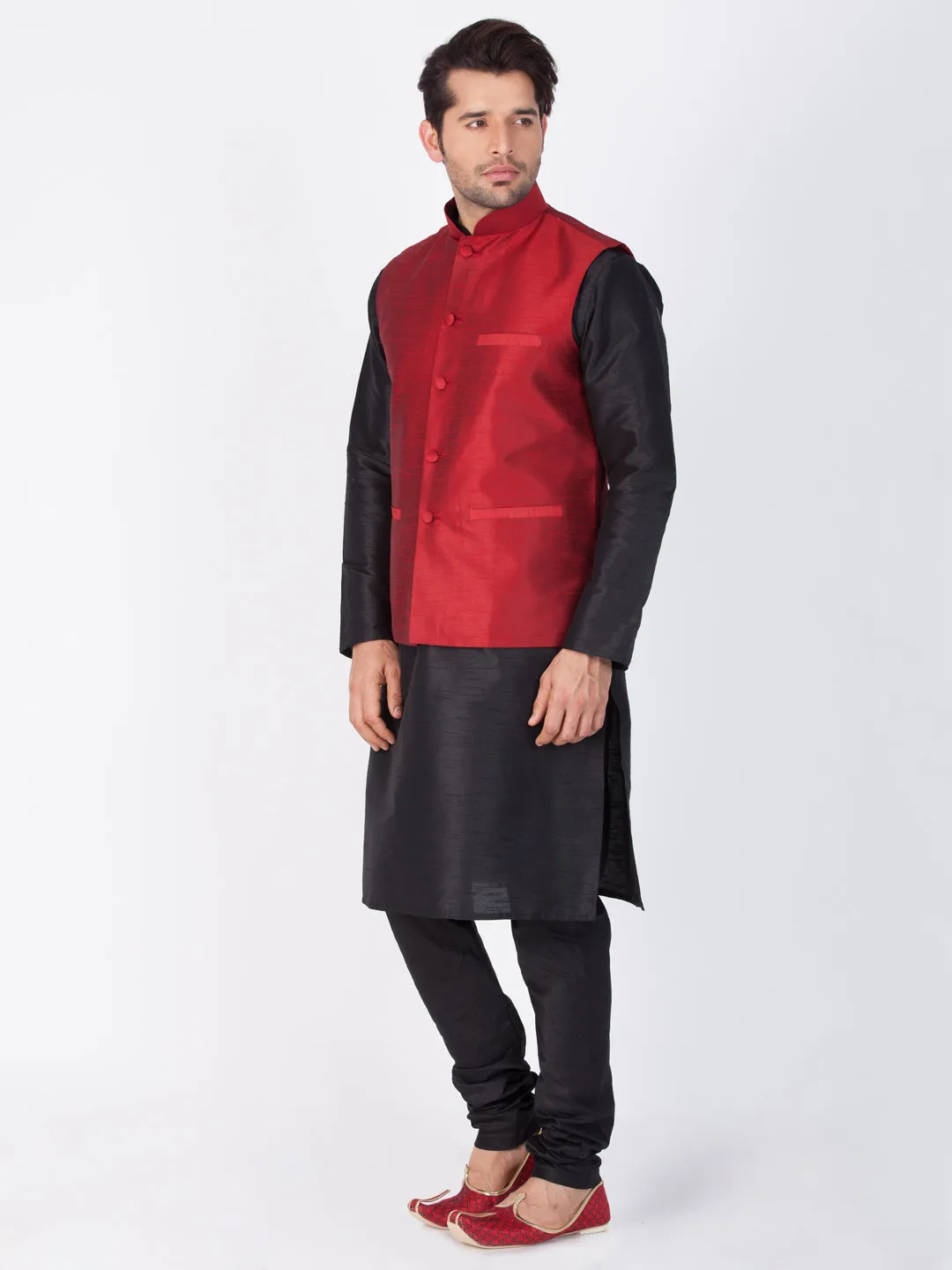 VASTRAMAY Men's Black Cotton Silk Blend Kurta, Ethnic Jacket and Pyjama Set