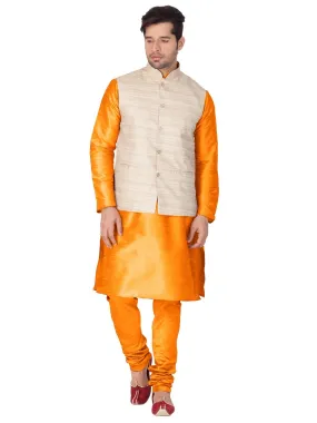 VASTRAMAY Men's Orange Cotton Silk Blend Kurta, Ethnic Jacket and Pyjama Set