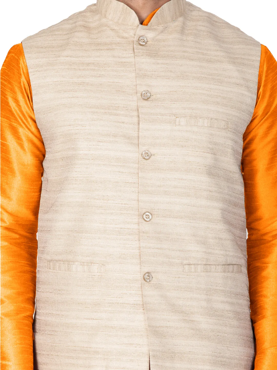 VASTRAMAY Men's Orange Cotton Silk Blend Kurta, Ethnic Jacket and Pyjama Set