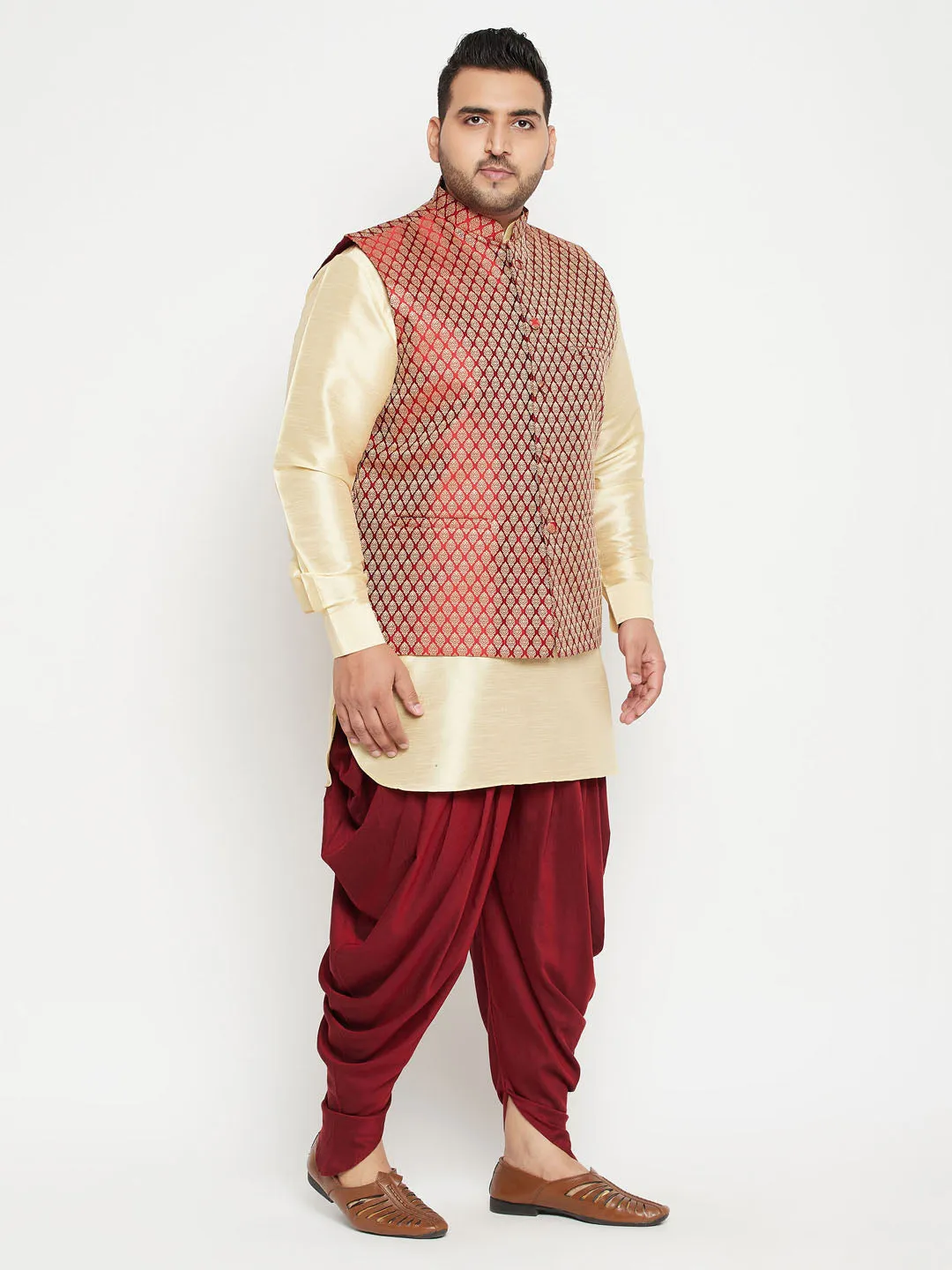 VASTRAMAY Men's Plus Size Gold and Maroon Silk Blend Jacket Kurta Dhoti Pant Set