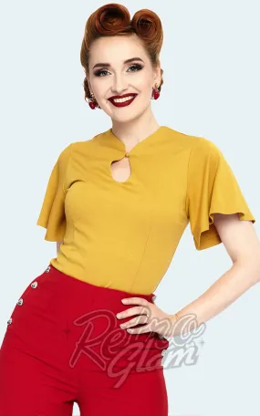 Voodoo Vixen Key Hole Flutter Sleeve Top in Mustard - M left only