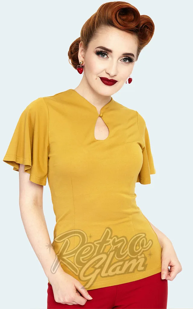 Voodoo Vixen Key Hole Flutter Sleeve Top in Mustard - M left only