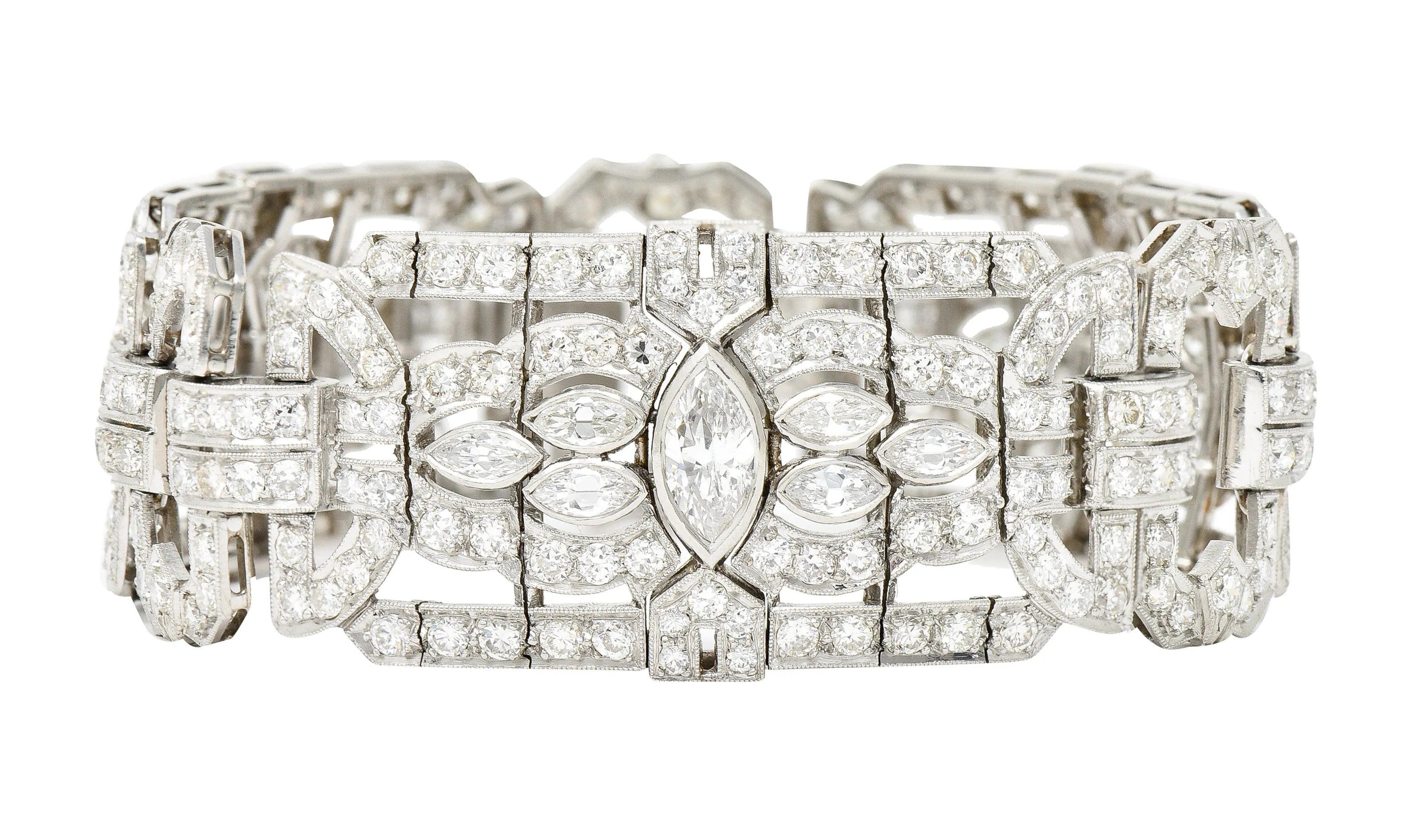 Waslikoff Art Deco 19.10 CTW Marquise Cut Diamond Platinum Geometric Wide Strap Link Bracelet