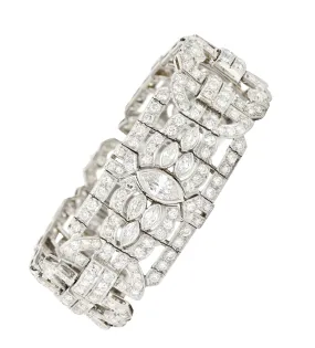 Waslikoff Art Deco 19.10 CTW Marquise Cut Diamond Platinum Geometric Wide Strap Link Bracelet