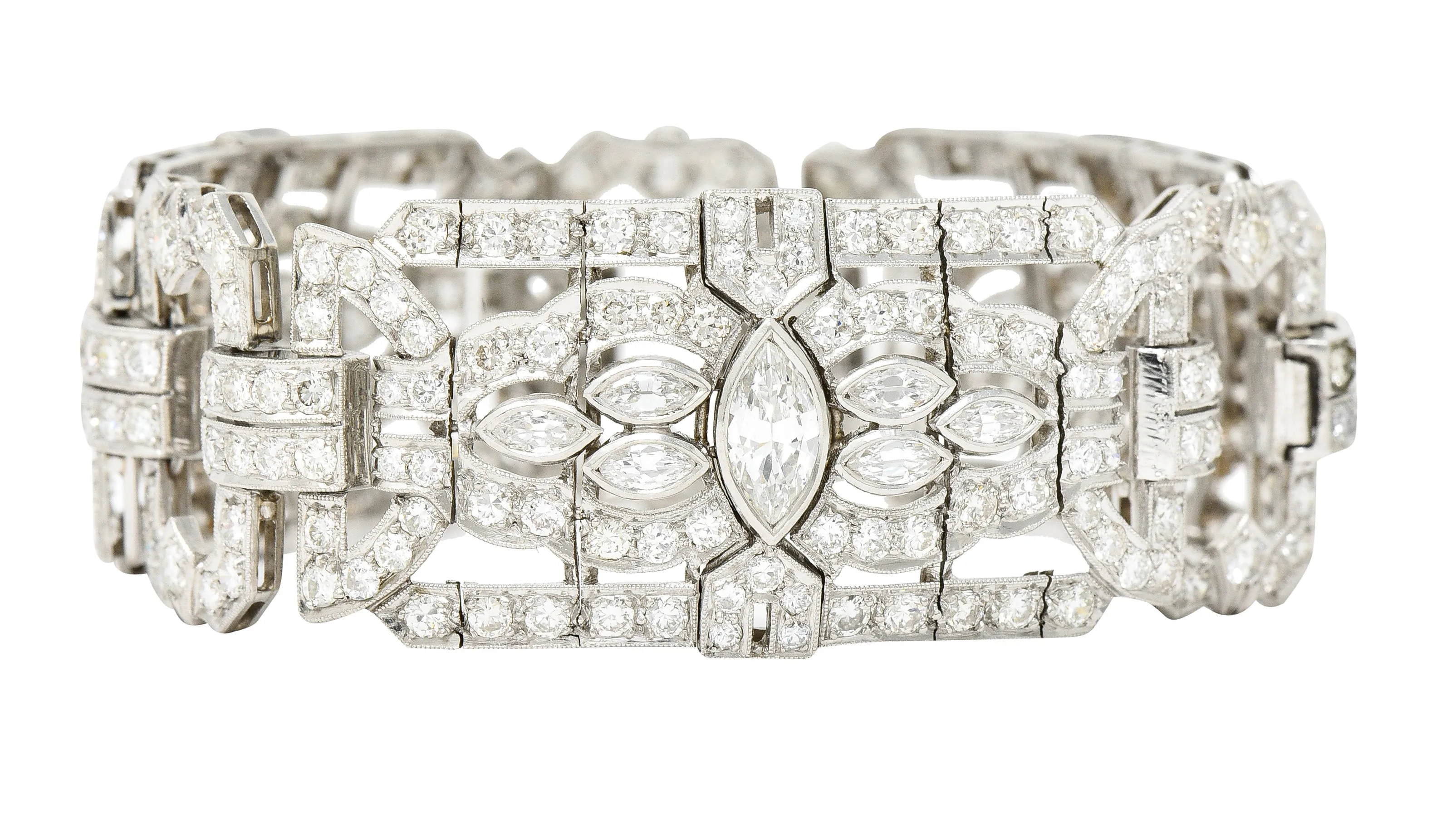 Waslikoff Art Deco 19.10 CTW Marquise Cut Diamond Platinum Geometric Wide Strap Link Bracelet