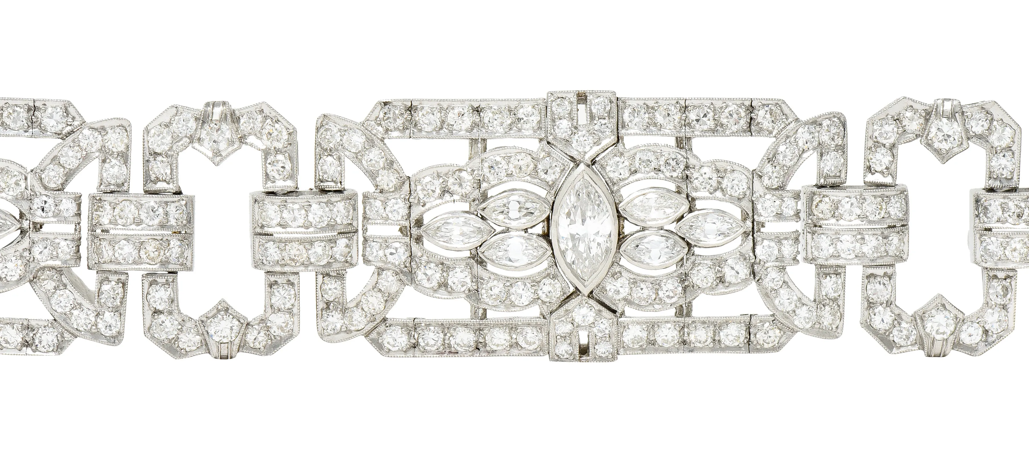 Waslikoff Art Deco 19.10 CTW Marquise Cut Diamond Platinum Geometric Wide Strap Link Bracelet