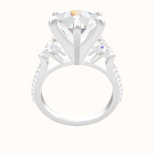 Wide Cathedral Diamond Band with Round Sidestone Trio Engagement Ring With Classic Six Prong Head