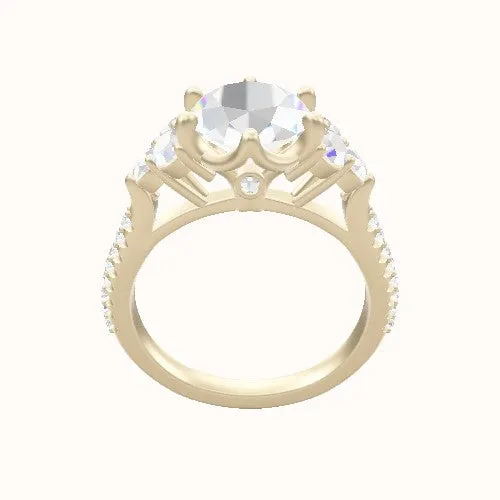 Wide Cathedral Diamond Band with Round Sidestone Trio Engagement Ring With Crown Six Prong w. accent Diamond Head