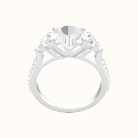 Wide Cathedral Diamond Band with Round Sidestone Trio Engagement Ring With Low Set Four Prong Head