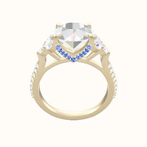 Wide Cathedral Diamond Band with Round Sidestone Trio Engagement Ring With Pave V Prong Head