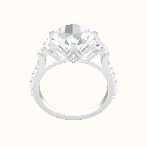 Wide Cathedral Diamond Band with Round Sidestone Trio Engagement Ring With Petal Compass Prong Head