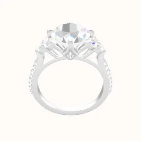 Wide Cathedral Diamond Band with Round Sidestone Trio Engagement Ring With Petal Compass Prong Head