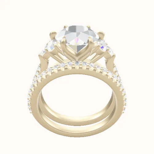 Wide Cathedral Diamond Band with Round Sidestone Trio Engagement Ring With Petal Six Prong Head and Matching Band