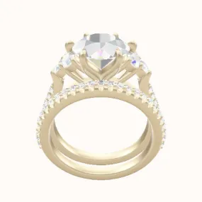 Wide Cathedral Diamond Band with Round Sidestone Trio Engagement Ring With Petal Six Prong Head and Matching Band