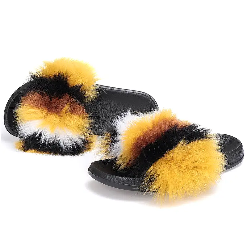 WoMen Fur Plush Fuzzy Furry Sliders Slippers Sandals Flip Flops Flat Shoes