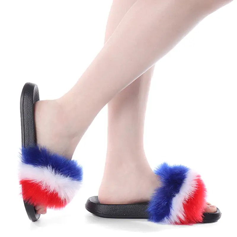 WoMen Fur Plush Fuzzy Furry Sliders Slippers Sandals Flip Flops Flat Shoes