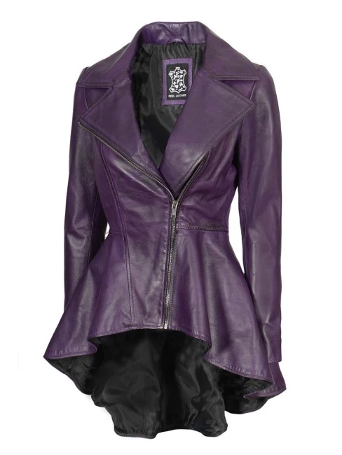 Women's Purple Asymmetrical Leather Peplum Jacket