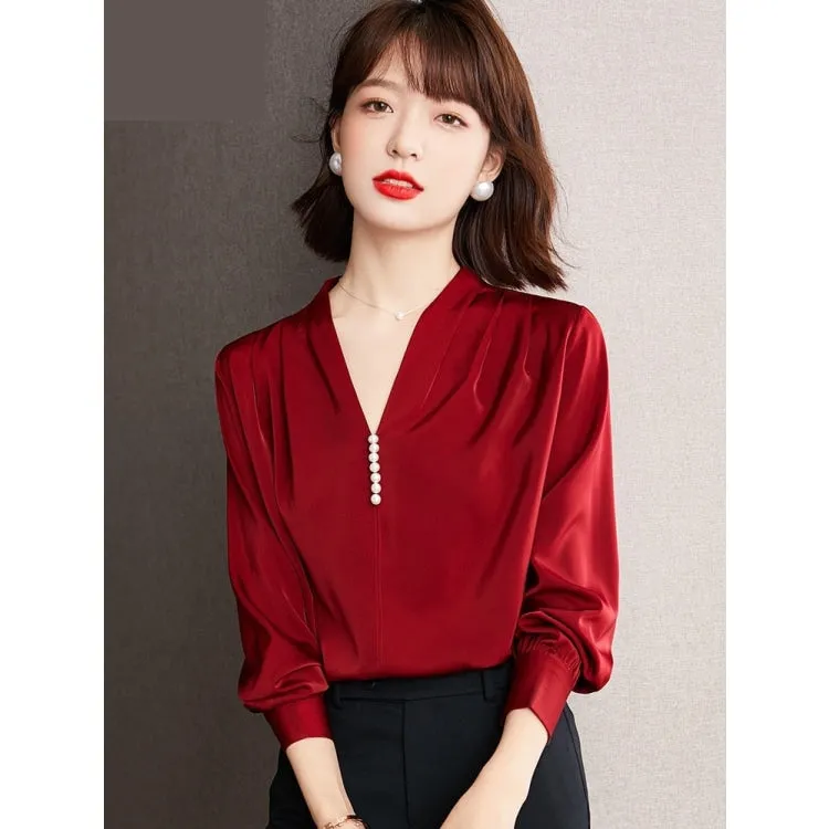 Women's Vintage Chiffon Non-Stretch V-neck Loose Fit Long Sleeve Blouse