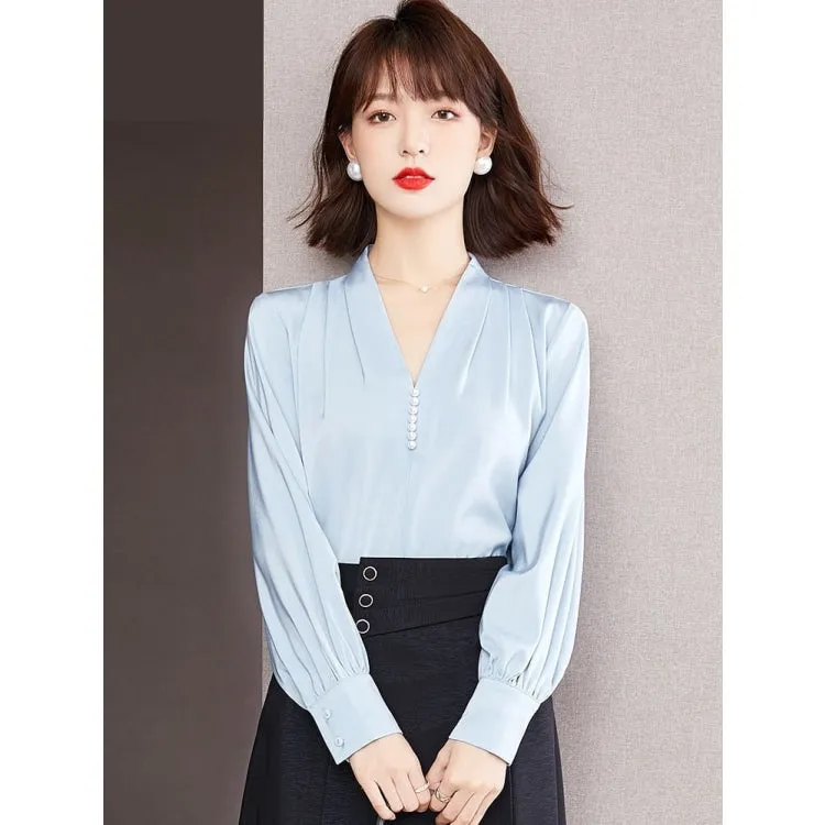 Women's Vintage Chiffon Non-Stretch V-neck Loose Fit Long Sleeve Blouse