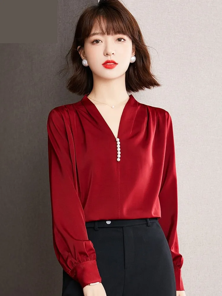 Women's Vintage Chiffon Non-Stretch V-neck Loose Fit Long Sleeve Blouse