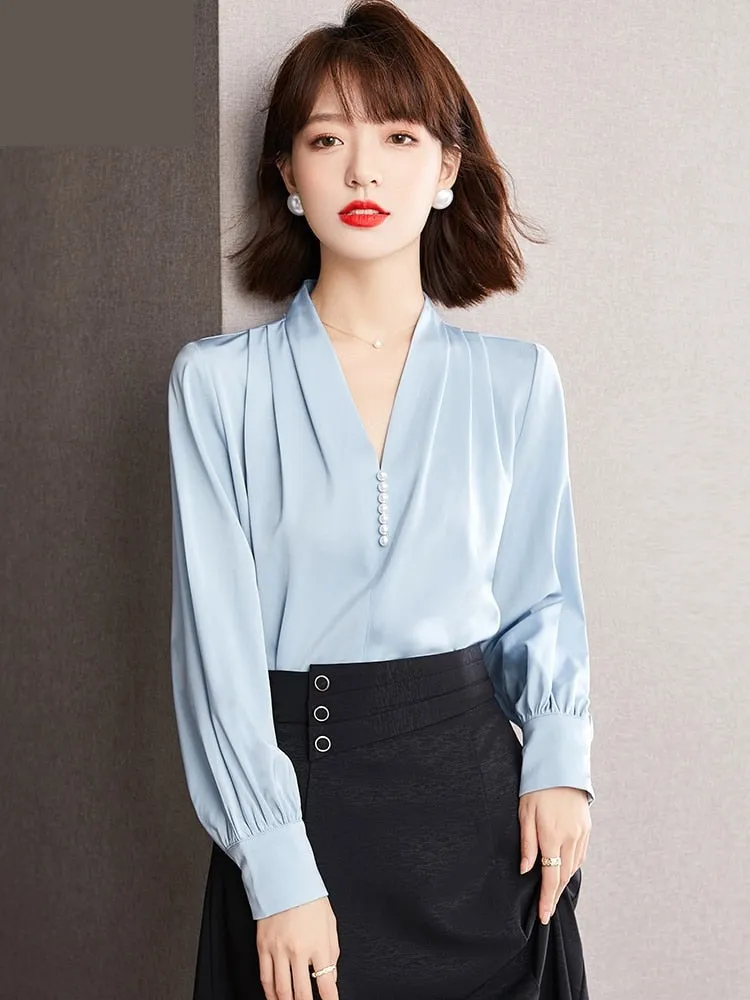 Women's Vintage Chiffon Non-Stretch V-neck Loose Fit Long Sleeve Blouse