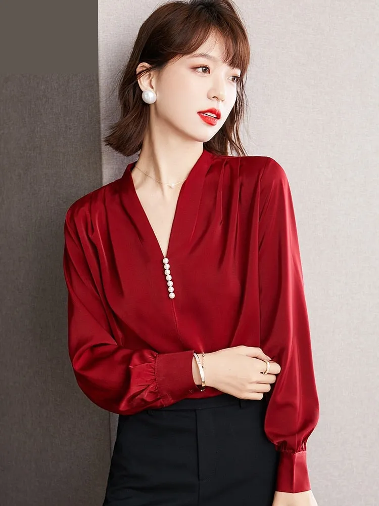 Women's Vintage Chiffon Non-Stretch V-neck Loose Fit Long Sleeve Blouse